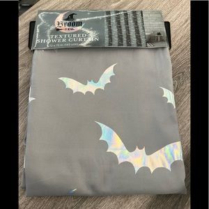 Textured Gray Shower Curtain with Iridescent Bat Design